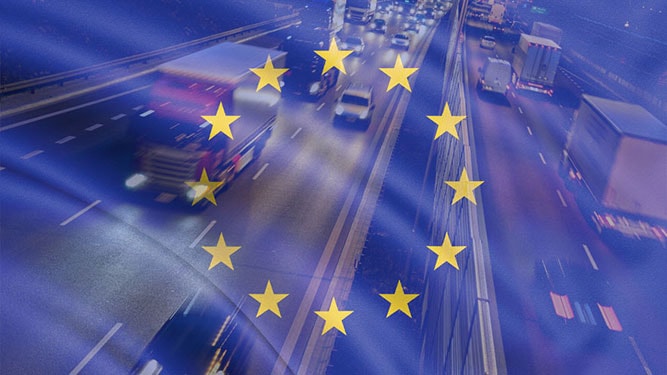 EU Flag and motorway traffic